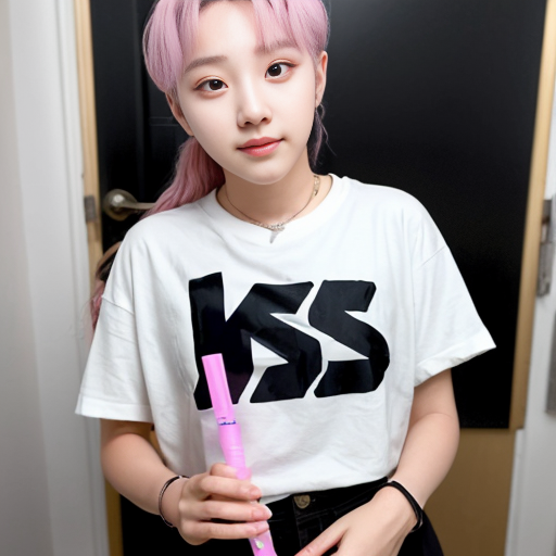 an girl hoding a bts bangtan bomb 
lightstick and has Neni written on her shirt
