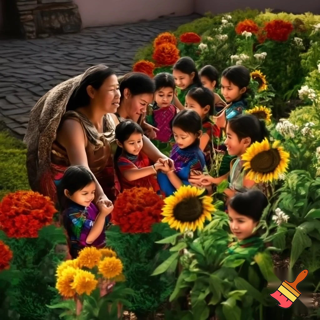 Anient Aztec mother and nine daughter picking flowers from a garden