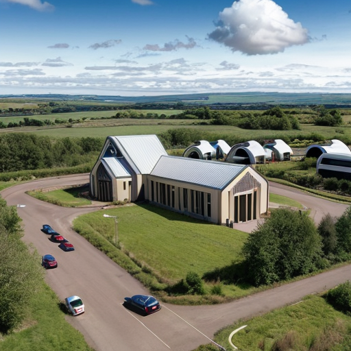 Aerial view of Asland Human peoples and children with sci-fi futuristic clothing at the Asland village with flag of Asland with white field and red-linned black saltire, beige sci-fi futuristic houses with red brick sci-fi futuristic roofs, grey sci-fi futuristic houses with red brick sci-fi futuristic roofs, beige sci-fi futuristic Catholic church with red brick sci-fi futuristic roof, road, gardens, corn fields, meadows taiga forest, hills and cloudy sky in May 2621.