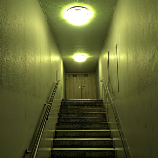 Old dimly lit apartament building stairwell post-soviet architecture 