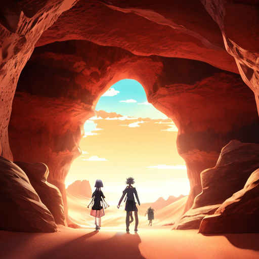 Colorize a desert Cave entrance arch with multiple abstract figures in Tanguy  style