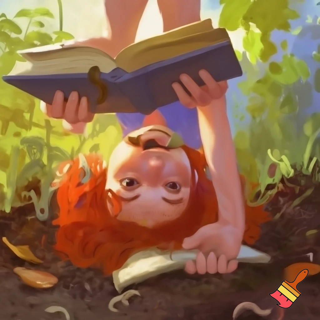 Red head 11 year old eating worms while reading a book upsidedown