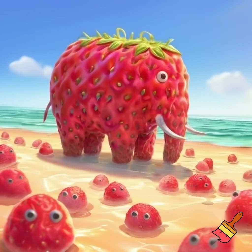 strawerry elephant from steal a brainrot on the beach with other brainrots