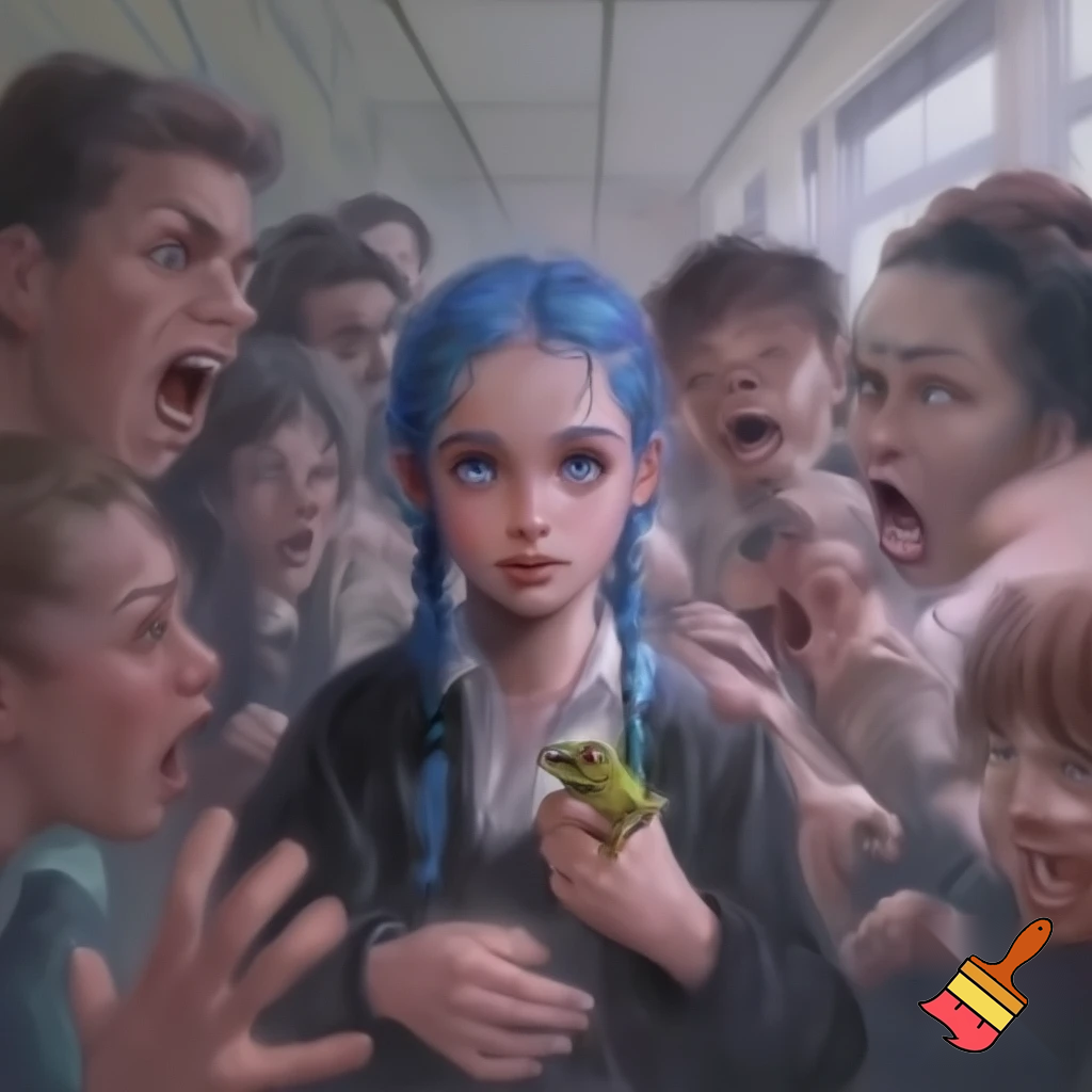girl with blue braid and has a black jacket with blue eyes holding a frog all the people are looking at the frog scared at shcool the people opened there jaw