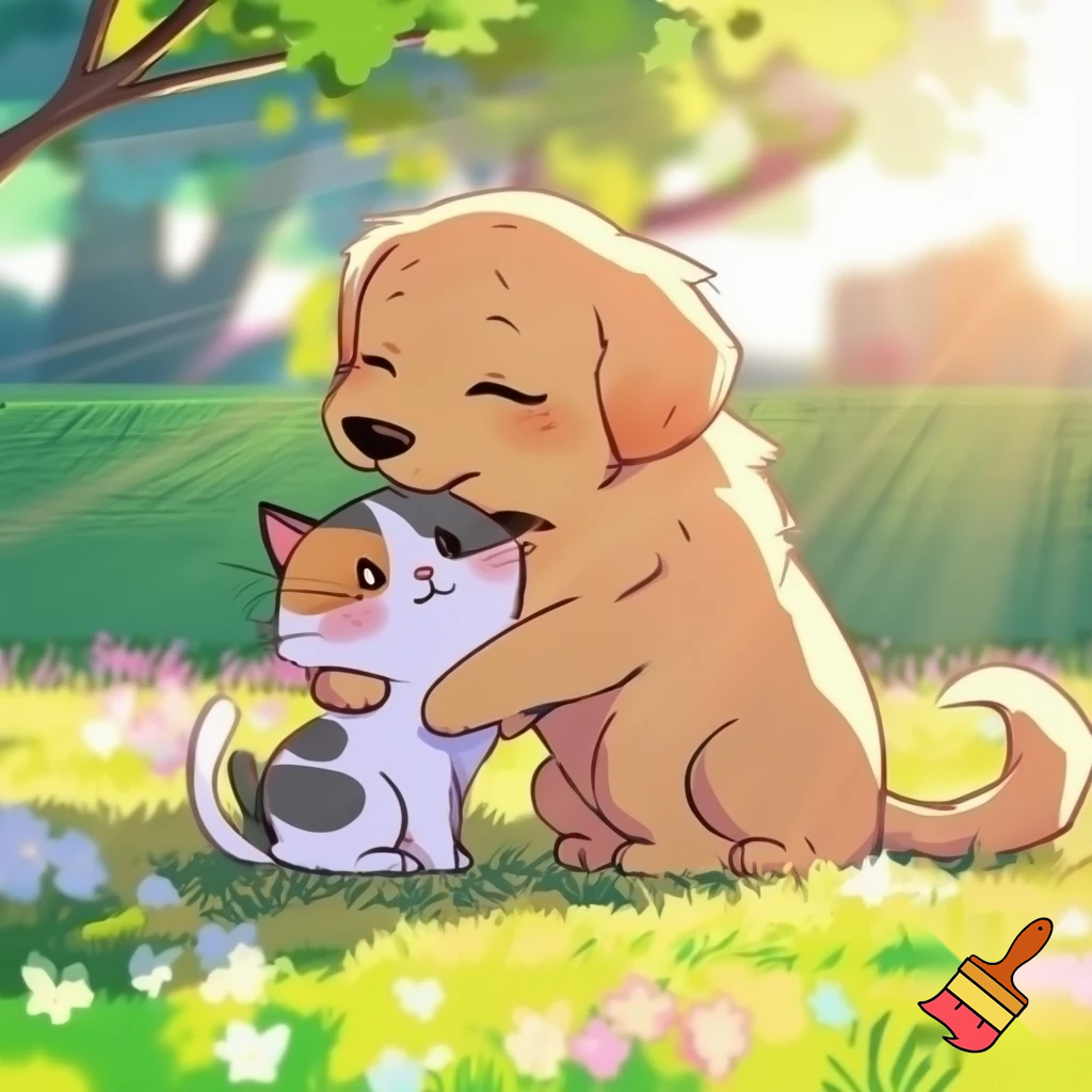dog kissing cat anime style