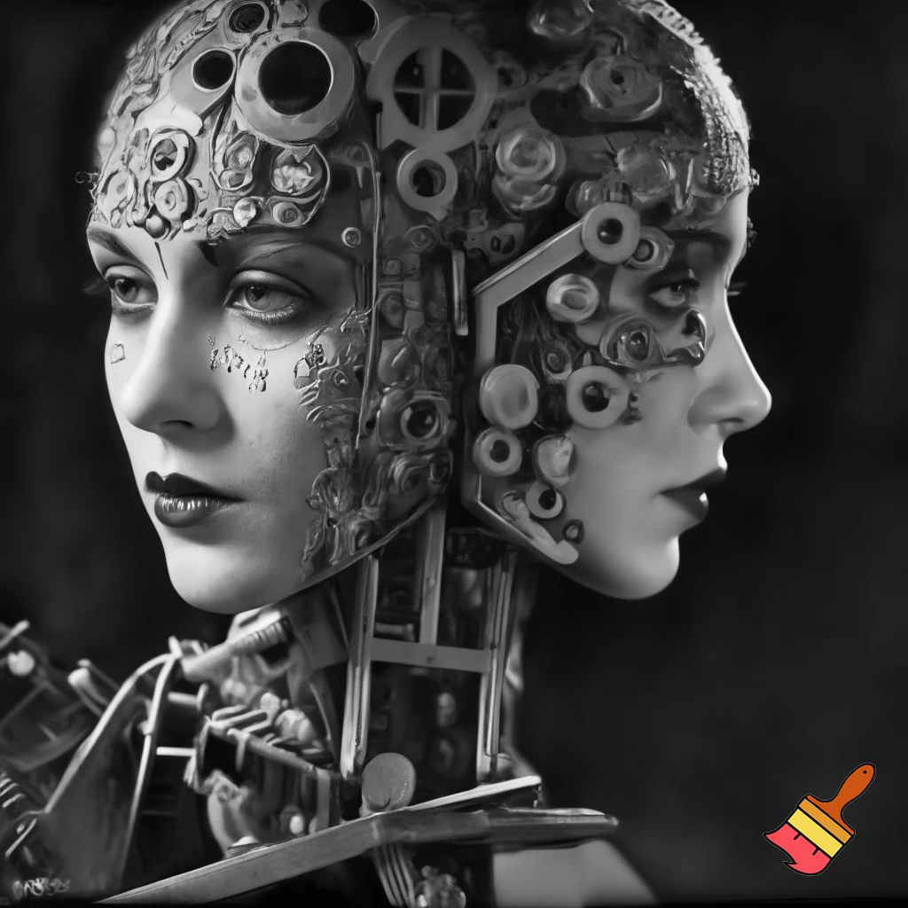 Bio-mechanical girl portrait, noise art. In the style of a 1920's German Expressionism. Black & white.