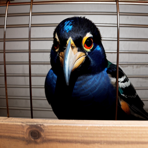 generate a image of a indian myna in a mugshot looking fierce, sinister, evil and deadly prison outfit