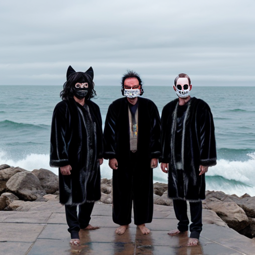 3 witch doctors with long furry black jackets and white face mask with hallow black  eyes and two men dressed with pense with messy hair next to the sea 