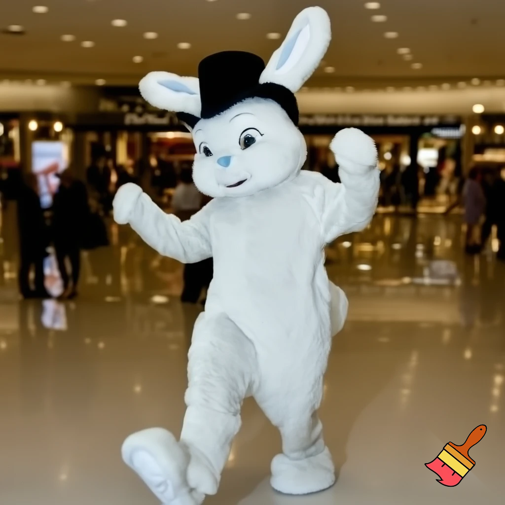 Easter bunny mascot top hat at the shopping centre mascot costume Darrell Lea magic room Australia dancing