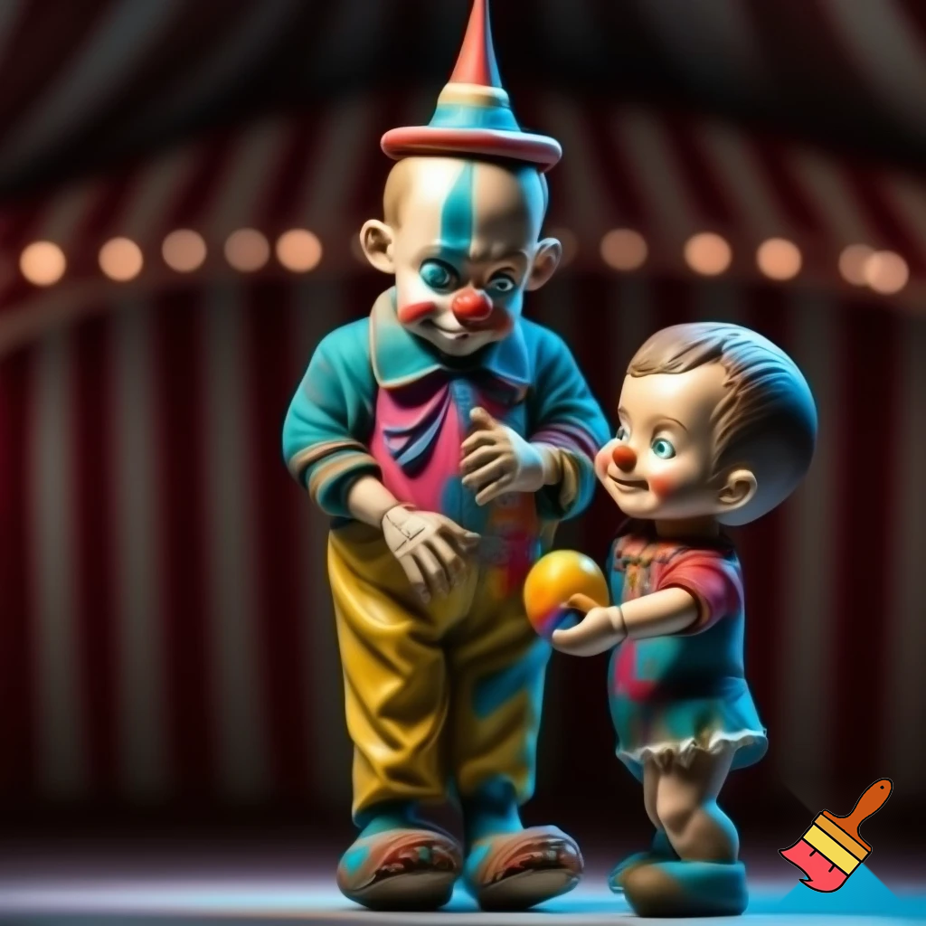 I want a picture of a circus clown with his face clearly visible, showing all the details. He should be looking sad, wearing a circus hat, and standing. In front of him is a child giving him a small circus ball, and the child is happy. The child looks at the clown's face.The clown and the child should be depicted with all the details of their bodies, including their hands and feet. I want it to be realistic, not a cartoon 