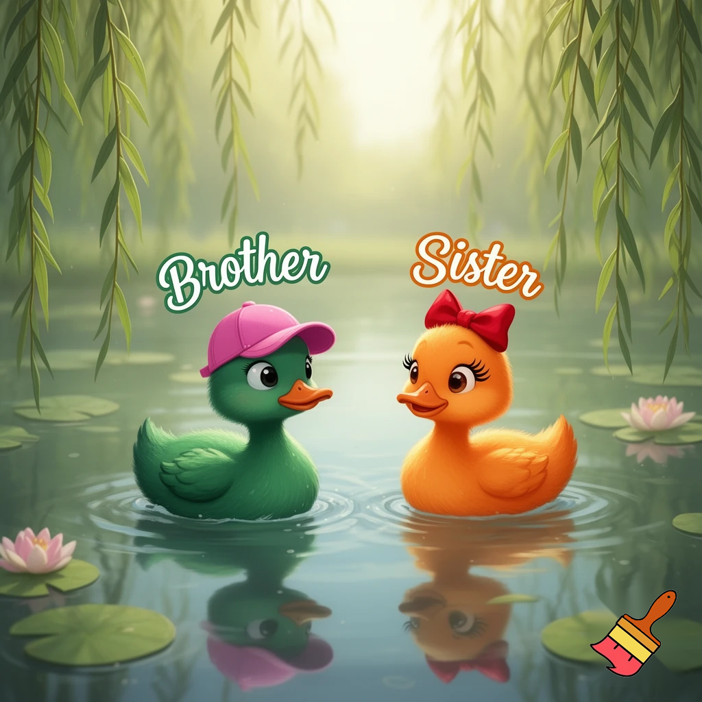 Green brother duckling with pink cap and orange sister duckling with eyelashes and red bow can have both names.