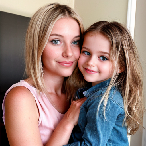 create a daughter that is 2 year with blonde hair and blue eyes and mother who is 27 years old with dirty blonde hair and blue eyes