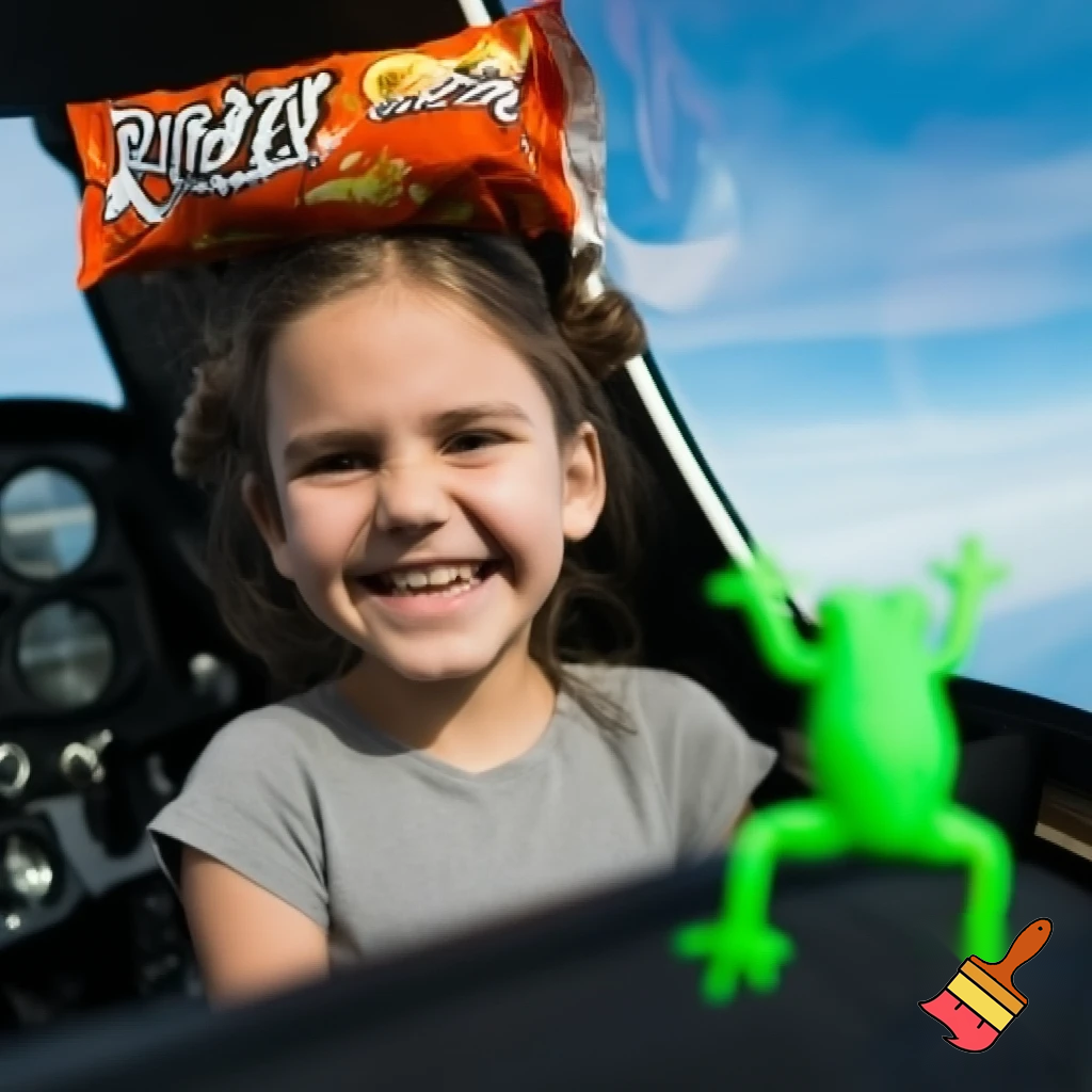 a inpoyle in  a plane is happy of a on her head she put hot cheetos on her head  when the girl done with her flit  the frog hit her head the frog go away