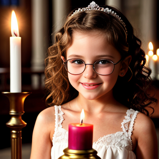 Cute adorable niña Chilindrina glasses con hair curly Blonde con corona Flores con verano elegante formal primera comunión sensual sexy con holding vela dé candela con altar con iglesia templó católico 1