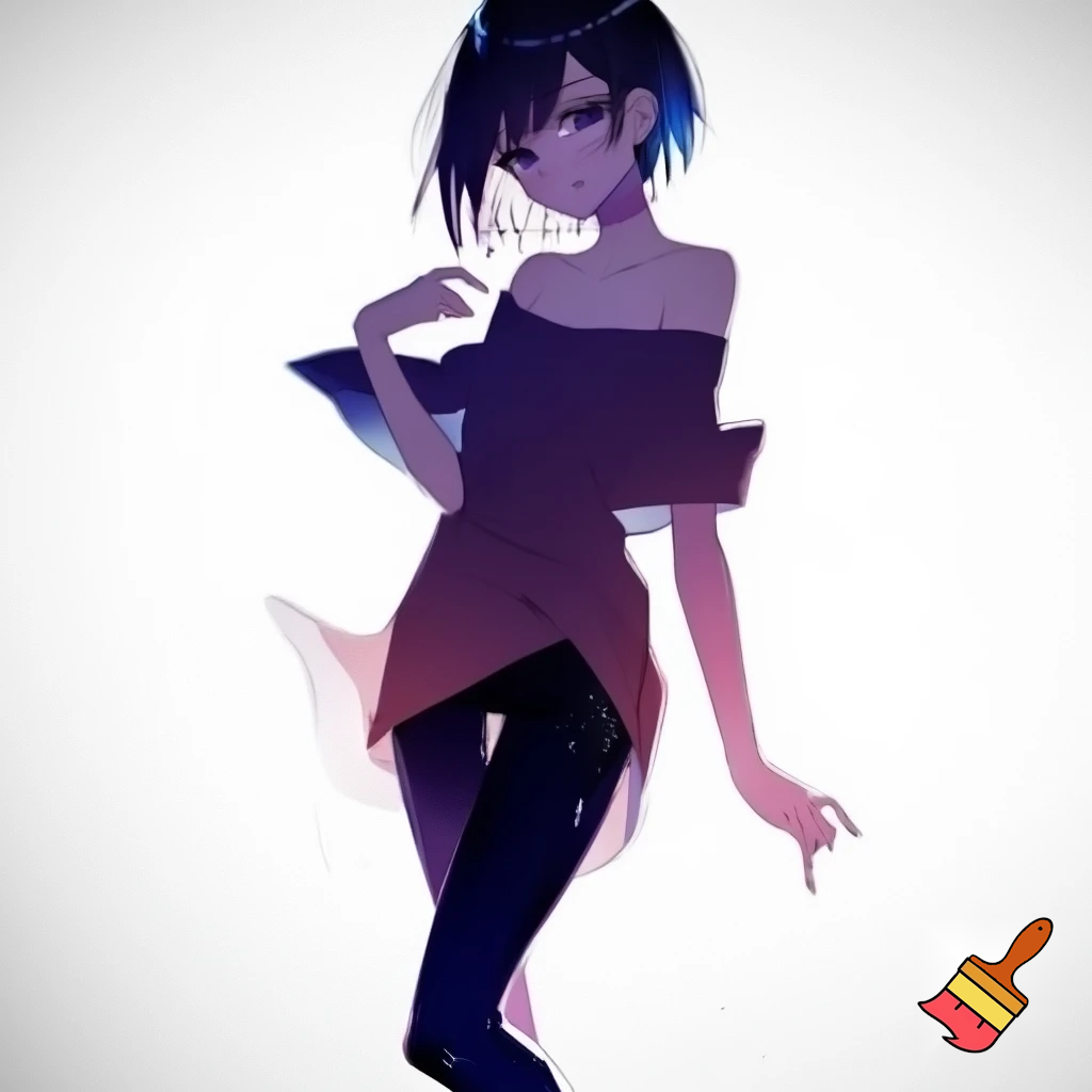 Anime girl 20 years old so cool and cute is dressing a of shoulder dress and very cool short black jeans is standing in white screen make is so anime