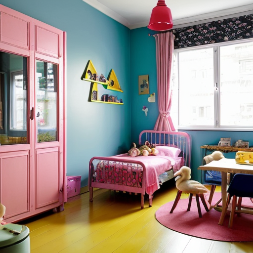 Mother duck, plain duckling, pink bow duckling girl, twin blue bow tie duckling girl, red cap duckling and colourful multi umbrella duckling's pink living room, yellow kitchen, blue bathroom, green children's bedroom and rainbow parent's bedroom inside the red duck apartment.