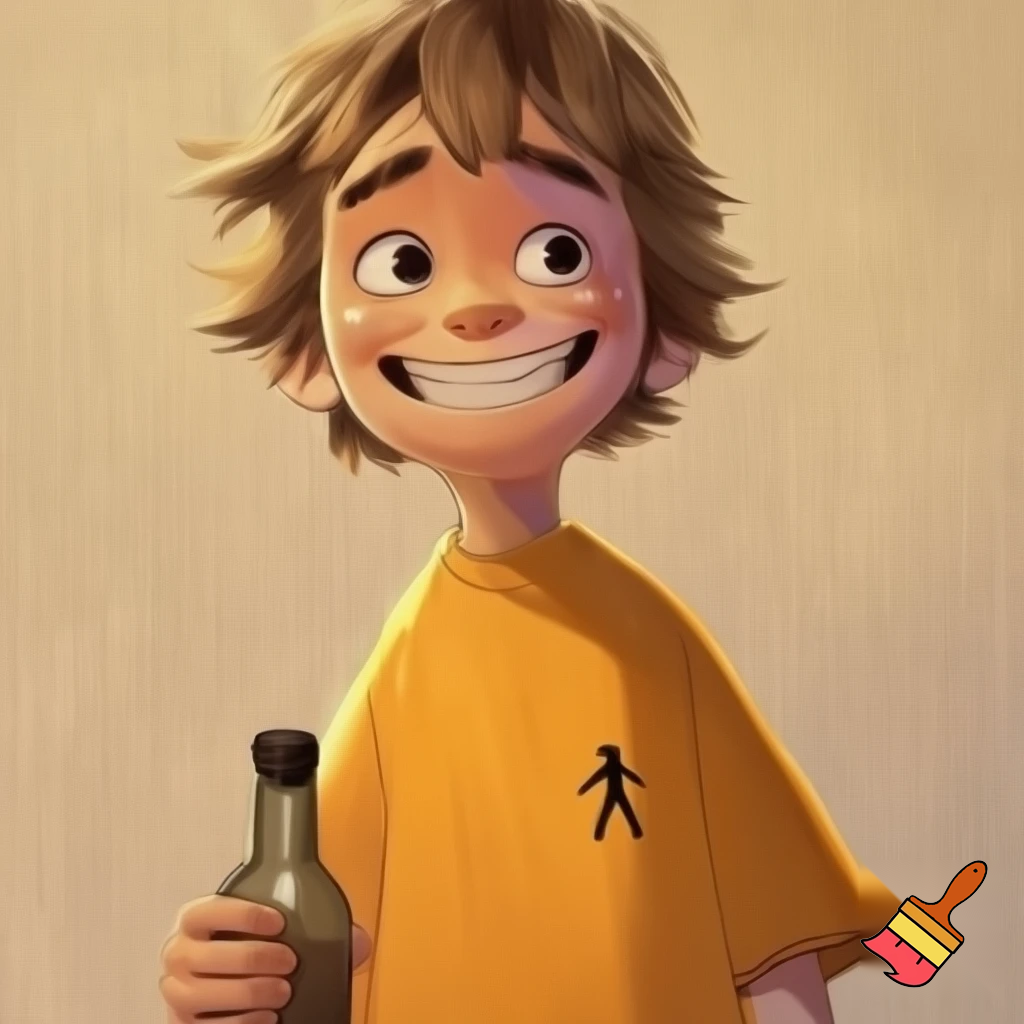 cartoon illustration of a young boy with light skin, shaggy light brown hair, and a wide smile. He’s wearing a loose yellow-orange t-shirt with a small black stick figure logo on the chest. He holds a vintage-style bottle in one hand. The style is semi-realistic cartoon with clean linework, warm beige textured background, and expressive facial features like thick eyebrows, freckles, and bright eyes. The mood is playful and nostalgic.
