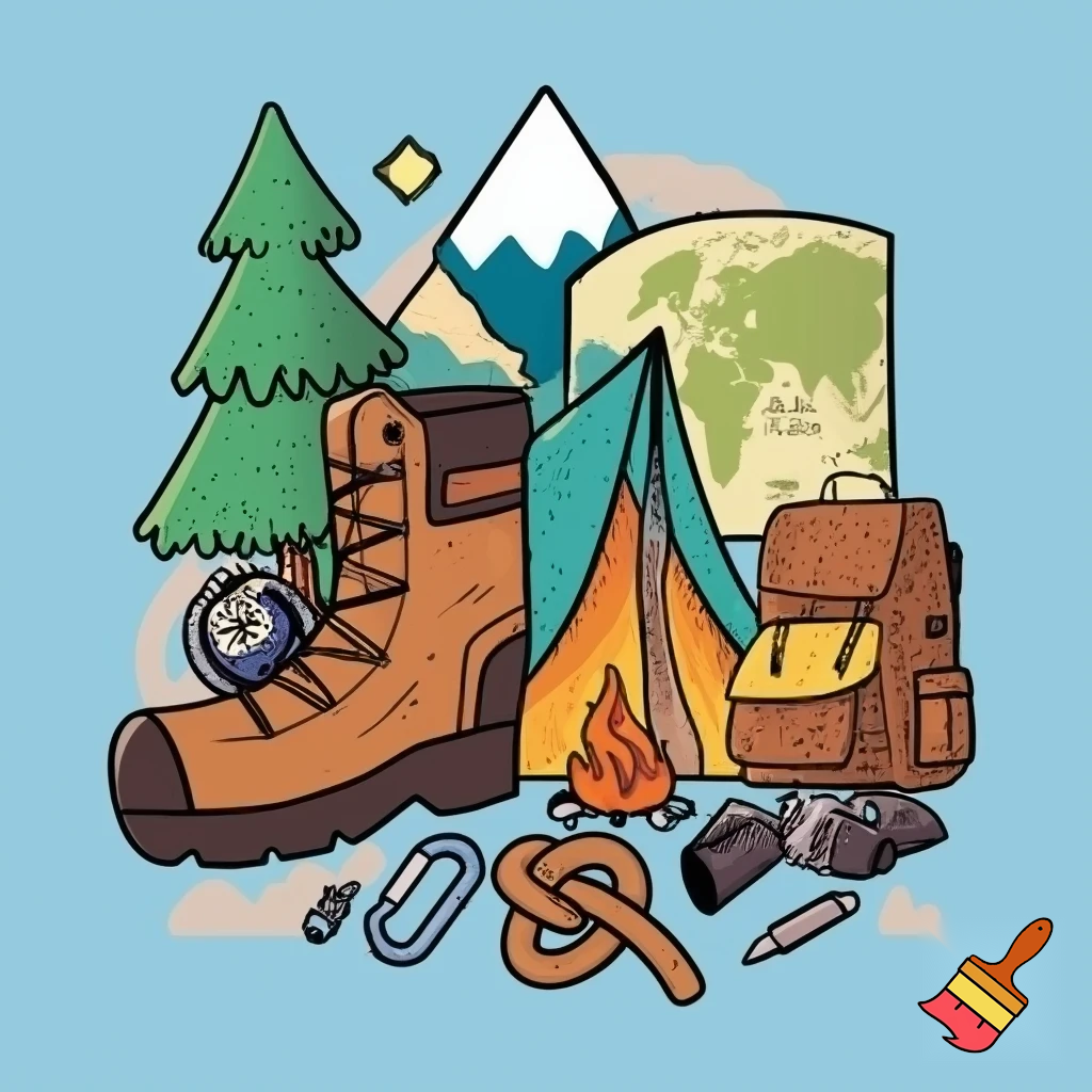 icons of nature exploration in cartoon style : climbing shoe, figure 8 knot, fir tree, mountain, campfire, tent, carabiner, compass, backpack, world map, hiking shoe, binoculars