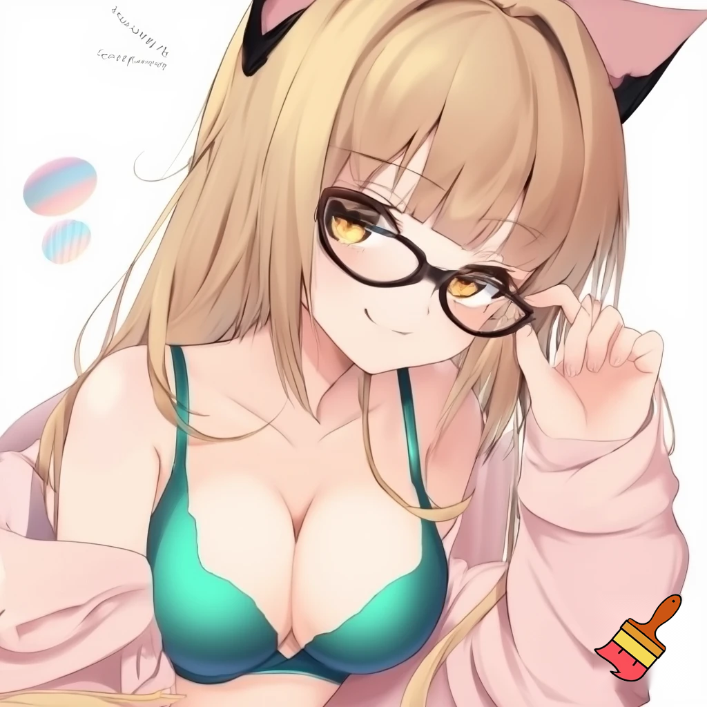 Anime girl with small breasts in a Bra and a Seductive Smile, cat eye glasses, cute with teal underwear clothes and blonde hair and hazel eyes