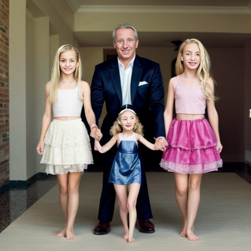 Genera la imagen real de cuatro niñas rubias de 11 años vestidas sin ropa  jugando con su papa