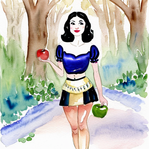 snow white standing in a forest holding an apple wearing her full costume with a short yellow miniskirt and re high heel shoes 