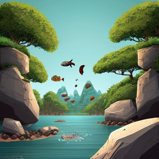 safari landscape, sea critters and fish strewn about, attempting to hide in the landscape, (behind rocks, hanging from trees, etc) Generate it in a cartoonish style.