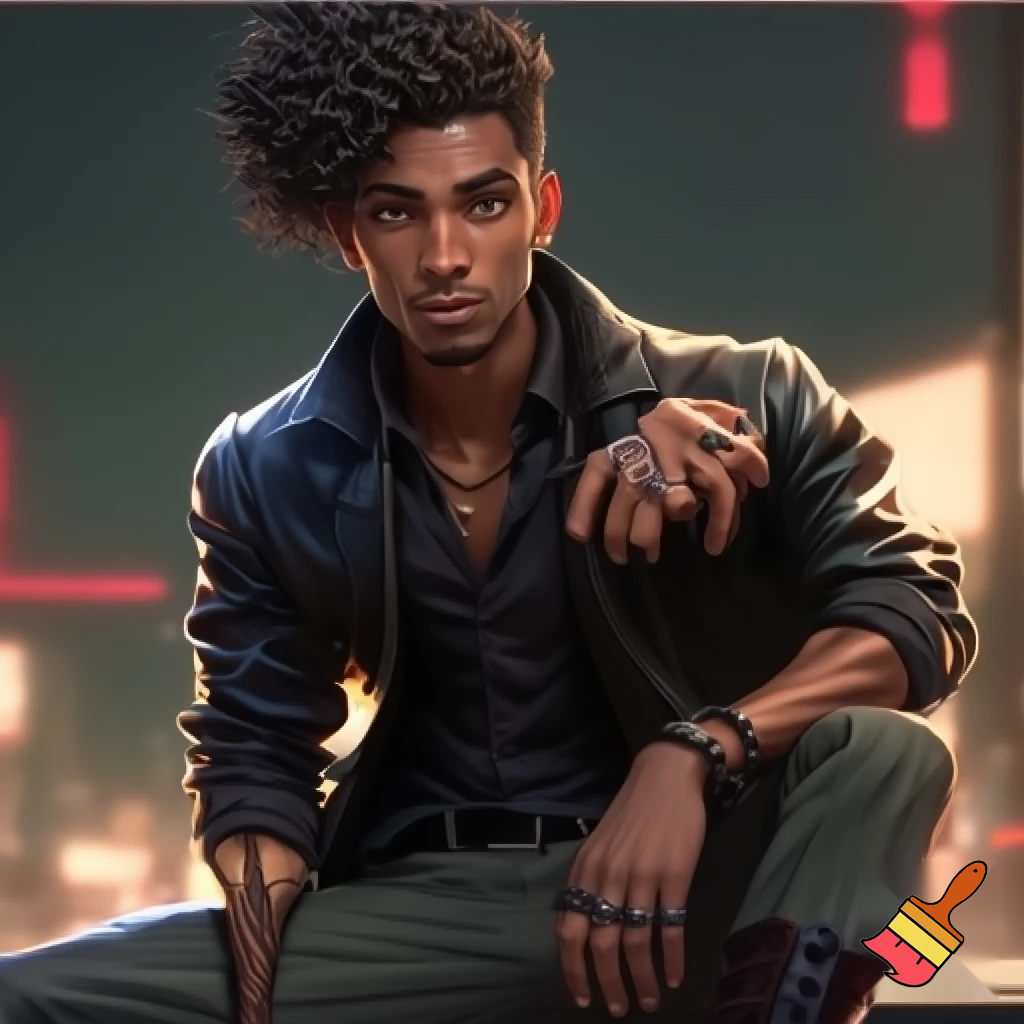 Generate an image of a tall, scrawny man with radiant, polished wood-toned skin. He has curly black coffee hair, styled slightly messy, and sharp, masculine features. His expression is gentle and thoughtful, hinting at inner turmoil.

He wears a black leather windbreaker over a slightly unbuttoned black cotton dress shirt, tailored pleated chinos, and lace-up combat boots. Accessories include silver stud earrings, a silver ring with a red dragon's eye, a black ring with rose gold star shapes, an onyx and lava rock beaded necklace, and a studded bracelet. His shirt sleeves are rolled up, displaying vascular forearms. Set him against an urban backdrop.