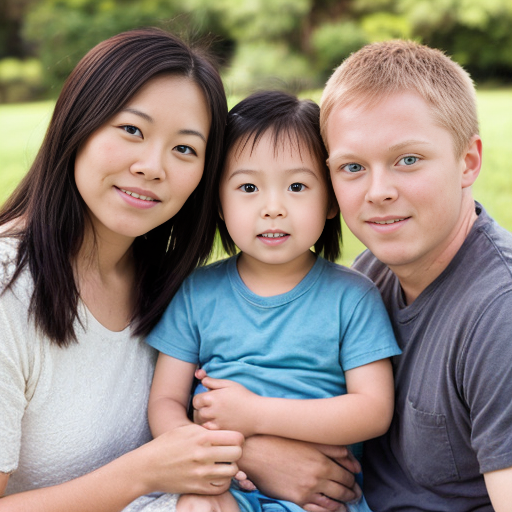 can you make a photo of a family of three thats not asian I have blonde hair and blue eyes 