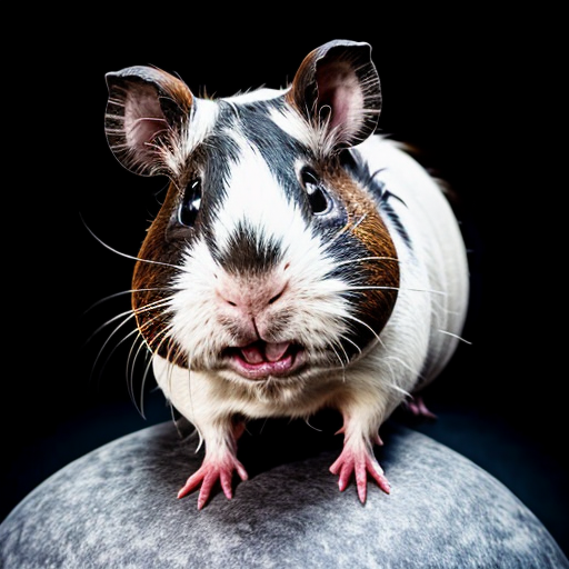 teddy the guinea pig is round in an epic pose with Elbrus on its back as part of its body, with blue neon eyes and atomic breath in the clouds and thunderstorm, with cinematic lighting for drama