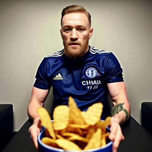 conor mcgregor in a chelsea kit eating chips