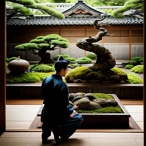 Wide-angle artistic illustration blending traditional Japanese realism with a dreamlike atmosphere. Edo-period Shogunate setting. In the foreground, a beautifully manicured Zen garden with lush flowers and bonsai trees. A well-dressed, serene man is kneeling, carefully tending to the plants. The garden is enclosed by a unique, high wall made of thick, transparent glass blocks. Outside the glass wall, only a few curious townspeople, perhaps three or four, are watching him; their distinct faces show expressions of wonder and surprise, visible through the glass. Bright morning light, soft shadows, vibrant colors, intricate details, cinematic composition.