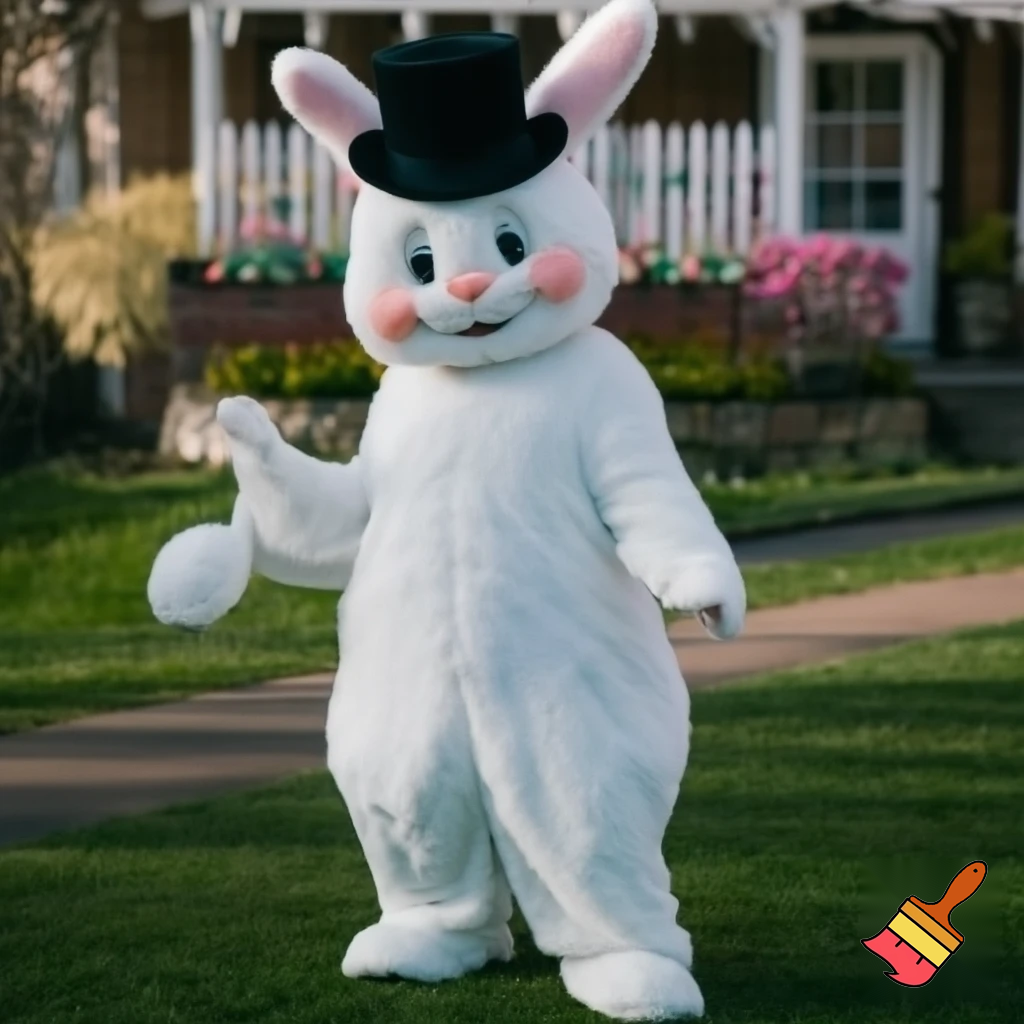 Easter bunny mascot top hat costume his house