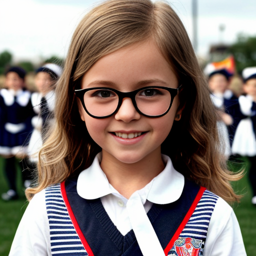 Cute adorable niña Chilindrina glasses con hair lazo curly Blonde con sailor uniforme escolar con zapatos negros escolar con calcetines blancos con Estados Unidos América bandera con desfile con ciudad 5