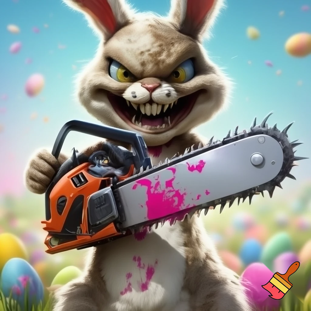 Easter bunny with the top hat Easter bunny mascot costume with a chainsaw a Easter bunny
