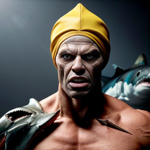 peux tu générer un homme requin humanoide  qui porte un costume jaune abimé. Ses bras protent  des ailerons de requins. Il est musclé et à l'air méchant. Il porte un chapka russe sur la tête. représente le de plein pied et insiste sur son côté requin terrifiant.