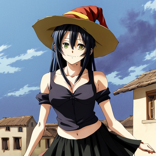 An anime witch girl with black hair, cute face, black eye. She have been abused until she only were a broken skirt left. She is naked with a lot of dâmge. She is 16 year old and height is 1,5m. She is tried to cover her skirt. The background is village with a lot of peopla
