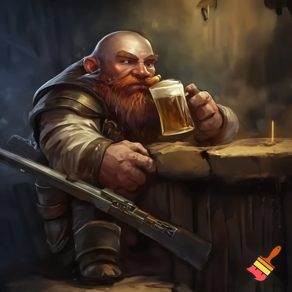 short far dwarf. gunslinger. cigar. sitting at the counter on chair in tavern and sipping a pint. bald. red beard. rough atmosphere. kilt. musket on the table. rugged leather armor. angry. harsh drawn style
