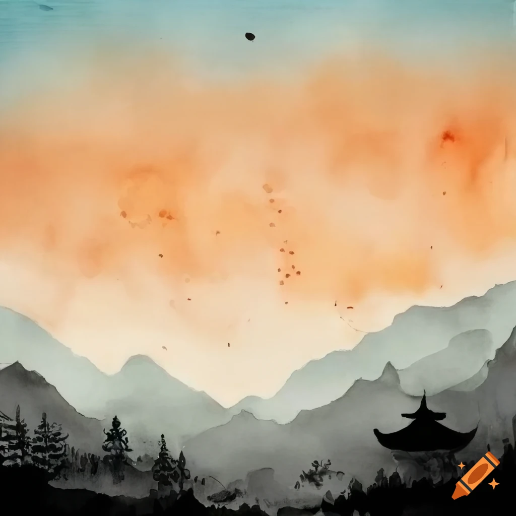 A dreamy oriental landscape with a row-boat sailing towards distant mountains that open up in the center to light blue morning sky light watercolor accentuating soft pastel orange and brown tones