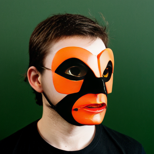 black background half of a broken green-orange comedy mask, green and orange ribbons behind that mask and a number 3 beside it