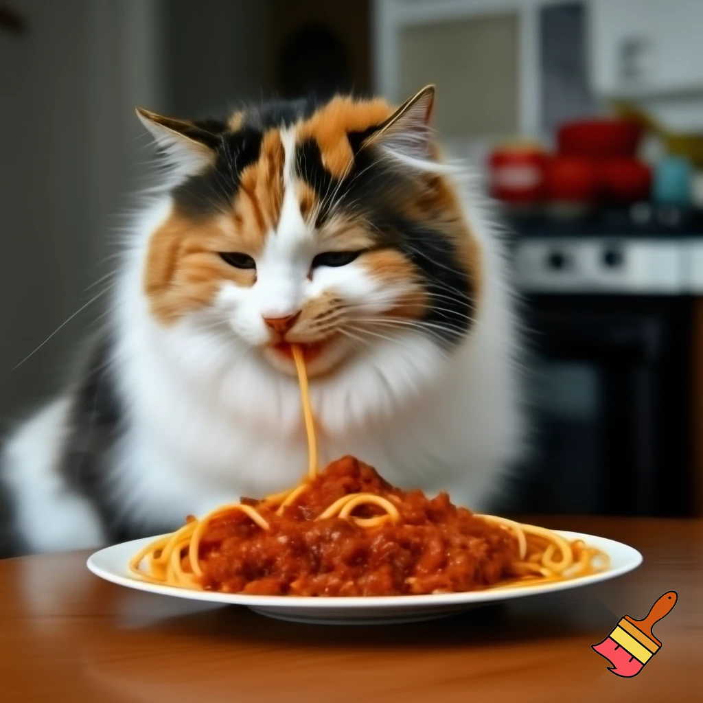 un petit chat roux femelle avec un petit sourire espiegle qui mange dans mon assiette de spaghetti bolognaise a table quand j'ai le dos tourné 