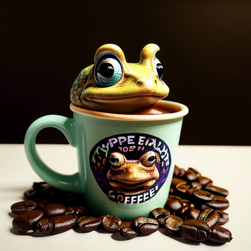 A hillarious, funny boho toad with some hippie colored coffee cups. Psychedelic decorated background.