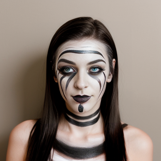 Long straight hair girl with gloves nonverbal stimming walking around with black and white face paint and body paint and a smelly nose
