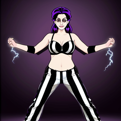 90's disney's 2d aladdin style comic dark blue background of panel 1 evil queen barefoot with purple and black striped harem pants and purple and black striped bra with both hand palms place together and hiding the bottom of her mouth with a purple and black striped veil wrapped around her arms. panel 2 she danced barefoot with purple and black striped harem pants and purple and black striped bra and purple and black striped veil covering her shoulders and arms and raising legs and bounced up and down her belly and which causes an electric discharge to form which transforms her purple and black striped veil from shoulders and arms into a bolt of lightning. Panel 3 which tye evil queen barefoot with purple and black striped harem pants and purple and black striped bra grabs the lightning bolt from her shoulders and arms with one hand. panel 4 then the evil queen barefoot with purple and black striped harem pants and purple and black striped bra rubs the lightning bolt on her butt with the lightning bolt against her butt and shook her hips left and right. panel 5 then as the evil queen barefoot with purple and black striped harem pants and purple and black striped bra still shook her butt left and right she turns and her butt is now facing the viewer while rubbing the lighting bolt with her.