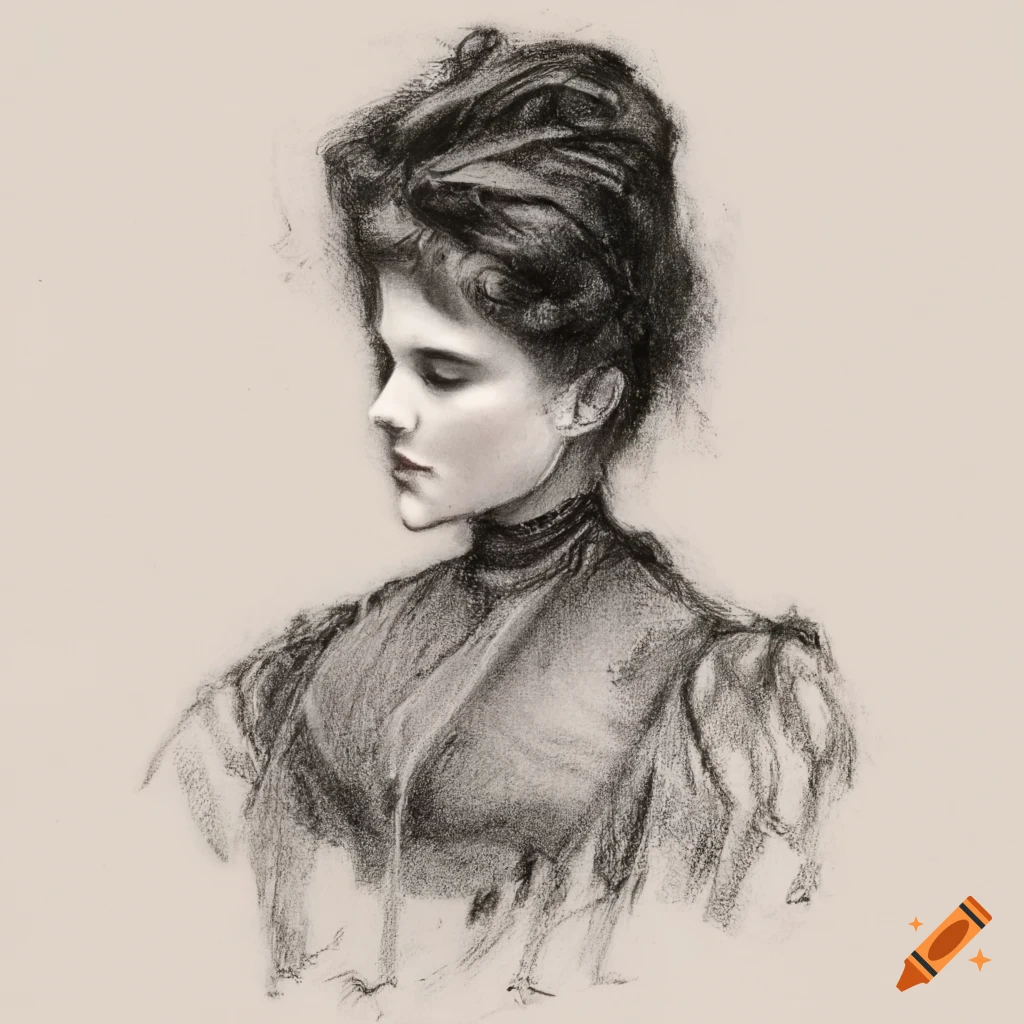 An attractive lady from the 1890s, depicted in gentle charcoal lines, lovingly drawn