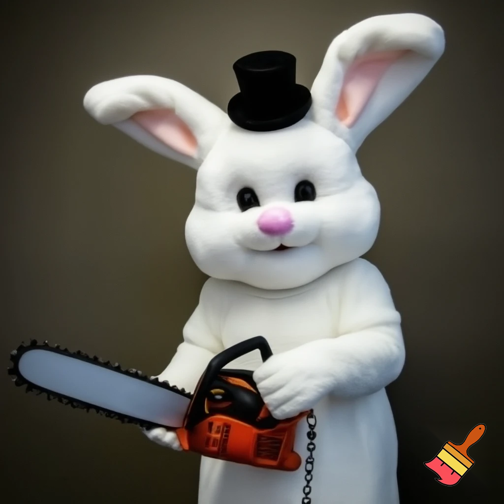 Easter bunny with a chainsaw with a top hat mascot costume