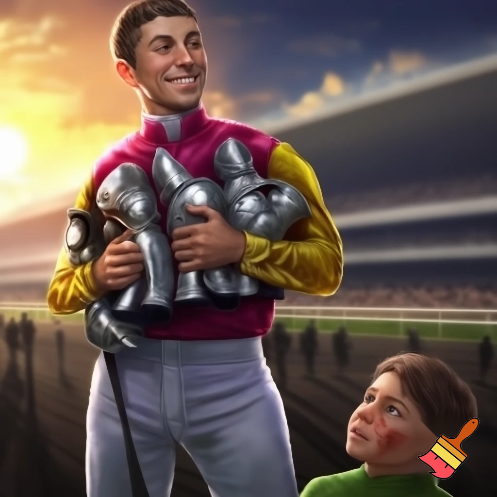 crer un image :Fillino et un frele jeune homme friser. Il est adult est petit. Sur sa main brillent trois chevaliere de c'est victoire passer. Il est favoris pour gagner la course du lendemain. Celebre jockey du phoenix. très acclamer. Il se gonfle de fierter devant la reaction des fan. Il a jamasi quitter la ligne de depart. fillino pleure.