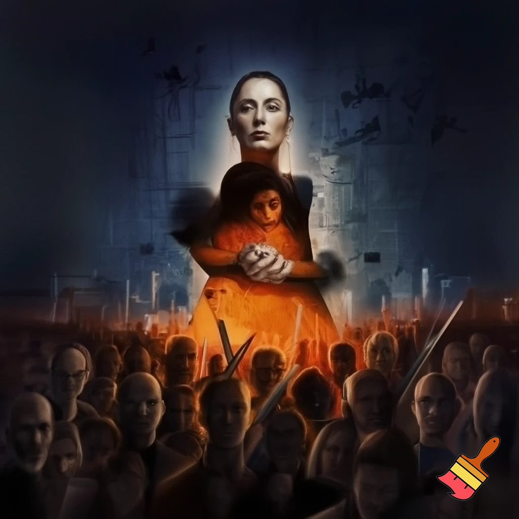 claudia sheinbaum holding hands with the devil and smiling, full body, and deep down people smiling with long weapons