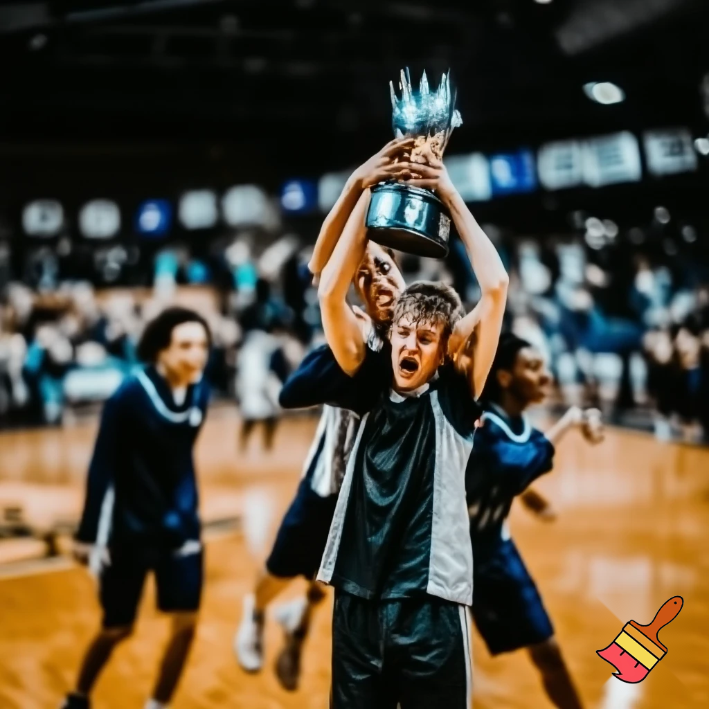 white teenage basketball player holds a trophy while the team is carrying him