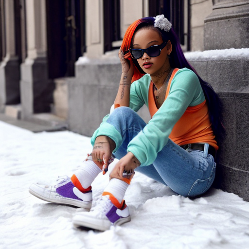 Rihanna orange tanktop belt blue short jeans purple socks orange and white sneakers on a sitting Snow 