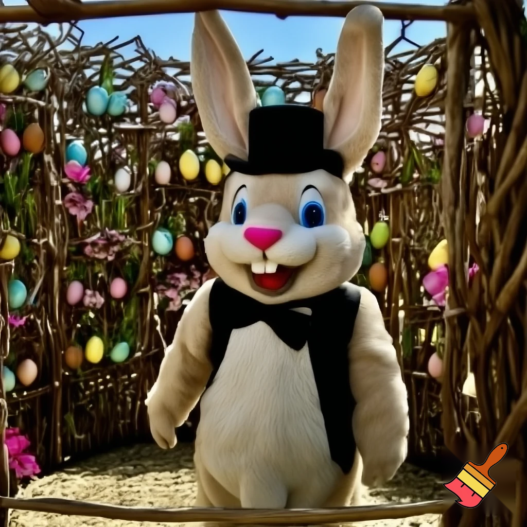 Easter bunny mascot with the top hat costume Easter bunnies maze house